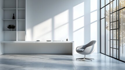 Poster - Sleek and Streamlined Minimalist Game Room with Pristine White Walls a Simple Desk and Minimalist Shelves Creating a Refined and Focused Environment