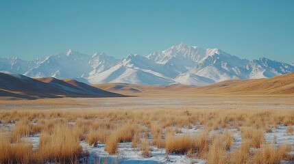 A wide shot of a snow-capped mountain range in the distance, with a vast, grassy plain in the foreground.