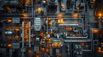 Poster - An intricate network of pipes and machinery is illuminated with warm orange lights, showcasing a complex industrial setup from an aerial perspective for industry.