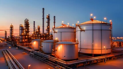 Poster - nighttime panoramic view of an illuminated oil refinery complex with storage tanks pipelines and oth