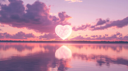 Poster - A serene sunset over a tranquil lake is highlighted by a heart shape formed by clouds, reflecting beautifully on the water's surface for lifestyle.