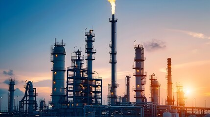 Poster - expansive oil refinery with intricate distillation towers industrial chimneys and various processing