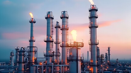 Poster - expansive oil refinery complex with soaring distillation towers and numerous industrial chimneys emi
