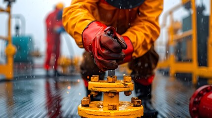 Poster - close up view of workers welding pipelines in a gas processing facility with industrial equipment an