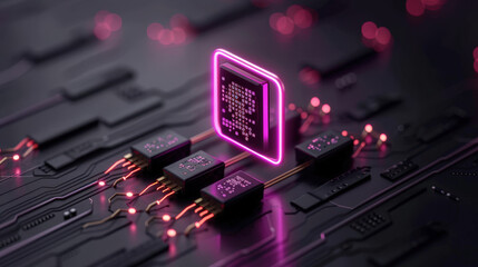 Aufkleber - Futuristic digital circuit design featuring glowing microchip surrounded by interconnected components. vibrant neon colors create high tech atmosphere, emphasizing innovation and technology