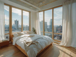 Poster - A modern bedroom features a large bed with white linens and panoramic windows showcasing a city skyline, illuminated by natural light for lifestyle.
