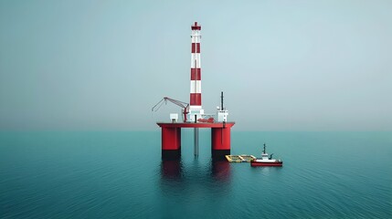 Poster - Offshore oil drilling platform situated in the middle of the ocean with various industrial equipment and machinery for energy production and