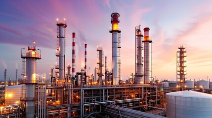 Poster - silhouetted oil refinery skyline with gas flaring towers and industrial infrastructure against a dra