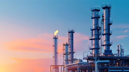 Poster - dramatic silhouetted industrial oil refinery plant with gas flaring and towering structures against 