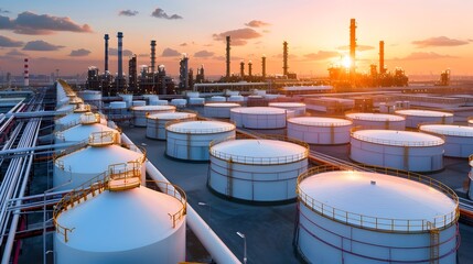Poster - expansive aerial view showcasing the vast and intricate oil refinery facility featuring an array of 