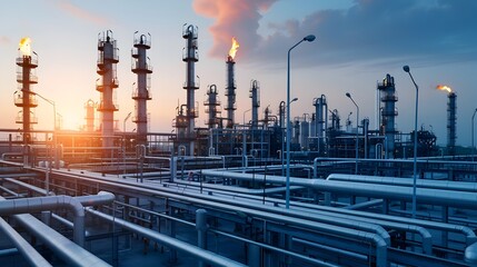 Poster - gas flaring process at an industrial oil refinery with towering structures pipes and tanks silhouett
