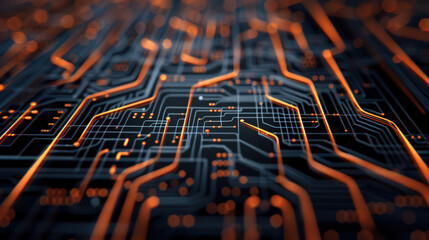 Aufkleber - Futuristic technology grid with glowing nodes, showcasing intricate circuit patterns and vibrant orange lines against dark background, evoking sense of advanced innovation