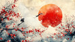 © fanjianhua - Red sun, white crane flying in the forest