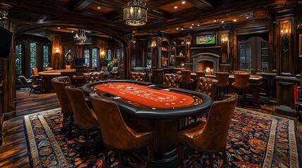 Sophisticated and Cozy Game Room with Elegant Wood Furniture Vintage Poker Table and Traditional Lighting Fixtures