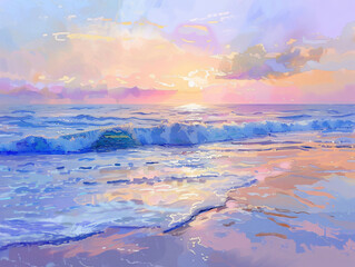 Poster - A beautiful digital painting of a sunset over ocean waves, showcasing pastel colors and soft brush strokes that capture the movement of the water for culture & religion.