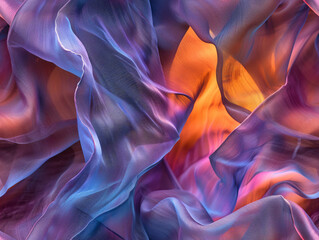 Poster - An abstract illustration of flowing fabric in vibrant shades of purple and orange, showcasing soft textures and light interplay that creates a dynamic visual effect for graphic resources.