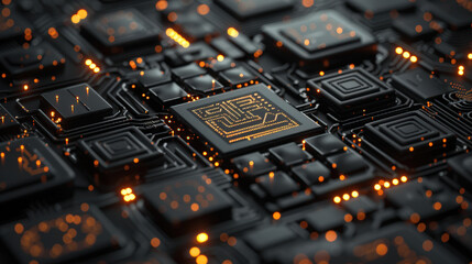 Aufkleber - close up view of complex circuit board featuring intricate patterns and glowing nodes, showcasing beauty of technology and innovation. vibrant lights create captivating atmosphere
