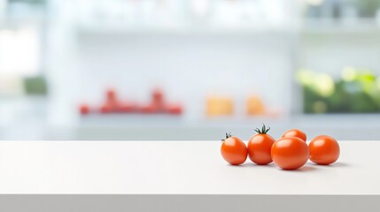 Aufkleber - Minimalist Fresh Produce Display Soft Glow of Tomatoes on Smooth Pastel Green Matte Table with Grocery Store Bokeh Background