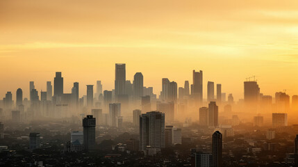 stunning skyline of high rise skyscrapers emerges against golden sunset, creating breathtaking urban landscape filled with architectural marvels. mist adds layer of mystery and beauty to scene