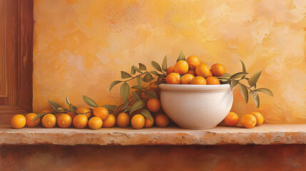 Fresh kumquats in white bowl with green leaves, beautifully arranged on rustic countertop against warm, textured background. vibrant oranges evoke cheerful and inviting atmosphere