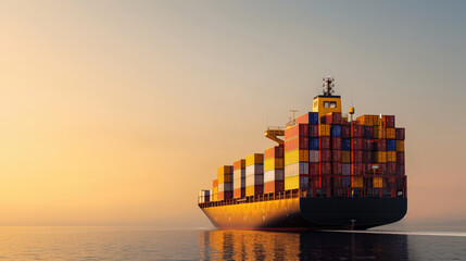 large cargo ship loaded with colorful containers glides smoothly across calm waters during sunset, creating serene and picturesque scene