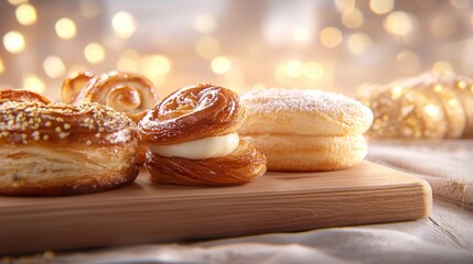 Sweet Pastries on Wooden Board with Soft Focus Background