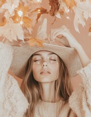 Poster - Young Woman in Cozy Knit Sweater Wearing Witch Hat Amid Autumn Leaves, Dreamy Fall Aesthetic