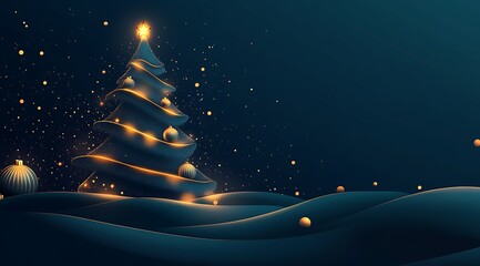 Wall Mural - A glowing neon blue Christmas tree with colorful lights on a dark background