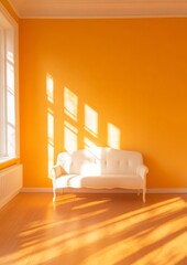 Poster - Cozy Sunlit Living Room with White Sofa Against Vibrant Yellow Wall