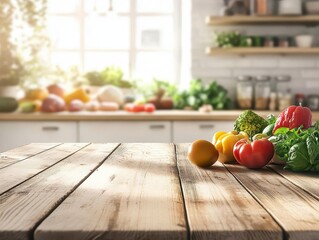 A sunlit kitchen countertop features fresh vegetables, creating a vibrant and healthy atmosphere, with blurred greenery and pantry items in the background.