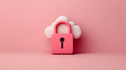 pink padlock symbolizing security is integrated with cloud shape, set against soft pink background. This illustration conveys sense of protection and digital safety