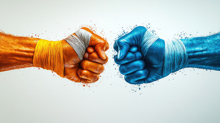 Two fists of blue and gold fighting