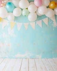 Aufkleber - Festive Blue Birthday Party Room with Balloons and Banners, Empty Space for Text
