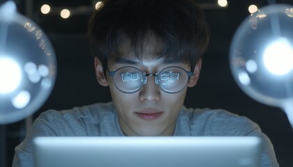 Aufkleber - Tech-Savvy Young Male Scientist Analyzing Data on Laptop with Nighttime Birthday Celebration Decorations