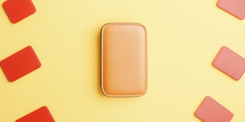 Poster - Minimalist Knolling Style Orange Wallet and Red Prohibition Signs on Yellow Background