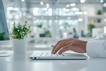 A person is typing on laptop in modern office environment, surrounded by greenery and bright lighting, creating productive atmosphere