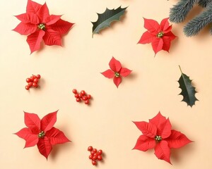 Aufkleber - Minimalist Botanical Christmas - Top View of Red Poinsettia Flowers and Holly Berries on Light Yellow Background in Knolling Style