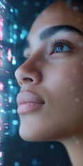 Aufkleber - Young Woman Engaging with Digital Interface in High-Tech Environment at Night