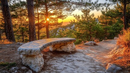 Poster - Stone Bench in a Forest at Sunset