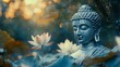 © Sinechana - 2410 98.A serene bokeh photograph of a Buddha head statue surrounded by a soft-focus forest backdrop. A lotus flower rests in the foreground, its delicate petals in sharp contrast against the dreamy,