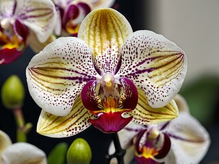 Beautiful white to purple orchid flowers photographed close up during the day with dark lighting