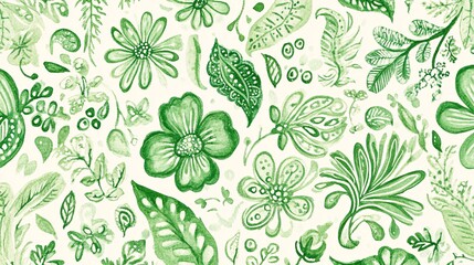 2410 107.a retro batik-style vector illustration of hand-drawn green watercolor flowers and paisley 