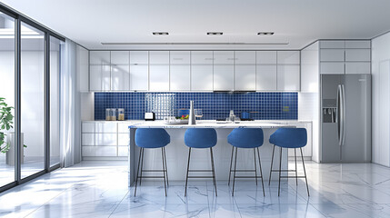 Poster - Monochromatic kitchen design with white cabinetry, blue-tiled backsplash, and sleek blue barstools at a white marble island, accented by stainless steel appliances.