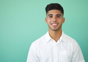 Young Man in White Shirt Smiling Against Green Backdrop