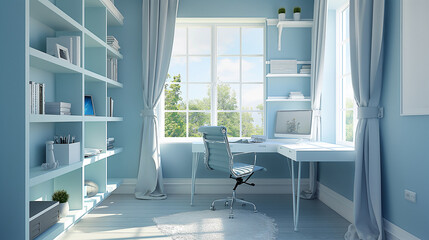 Aufkleber - serene home office with soft blue walls, a white desk, blue ergonomic chair, and minimalist blue she