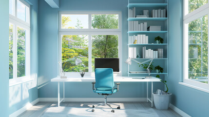 Poster - Serene home office with soft blue walls, a white desk, blue ergonomic chair, and minimalist blue shelving, all complemented by large white-framed windows.