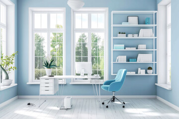 Aufkleber - serene home office with soft blue walls, a white desk, blue ergonomic chair, and minimalist blue she