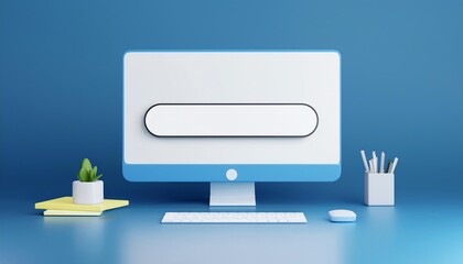 Poster - A sleek desktop computer setup with a blank search bar, potted plant, and stationery on a blue background, emphasizing minimalism and functionality.
