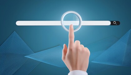 Poster - A hand points at a glowing search bar on a blue background, symbolizing digital search and online navigation.
