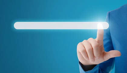 Poster - A hand hovers over a glowing search bar against a blue background, suggesting interaction with digital technology or online searching.